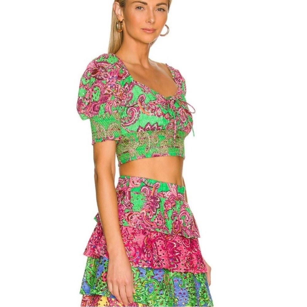 Alice + Olivia Crawford 100% Cotton Eyelet Smocked Top - Picture 2 of 9